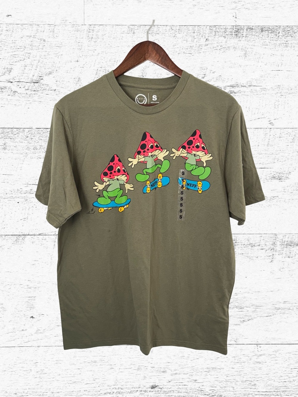 Neff Olive Green Tee with Red Mushroom Skate Graphic